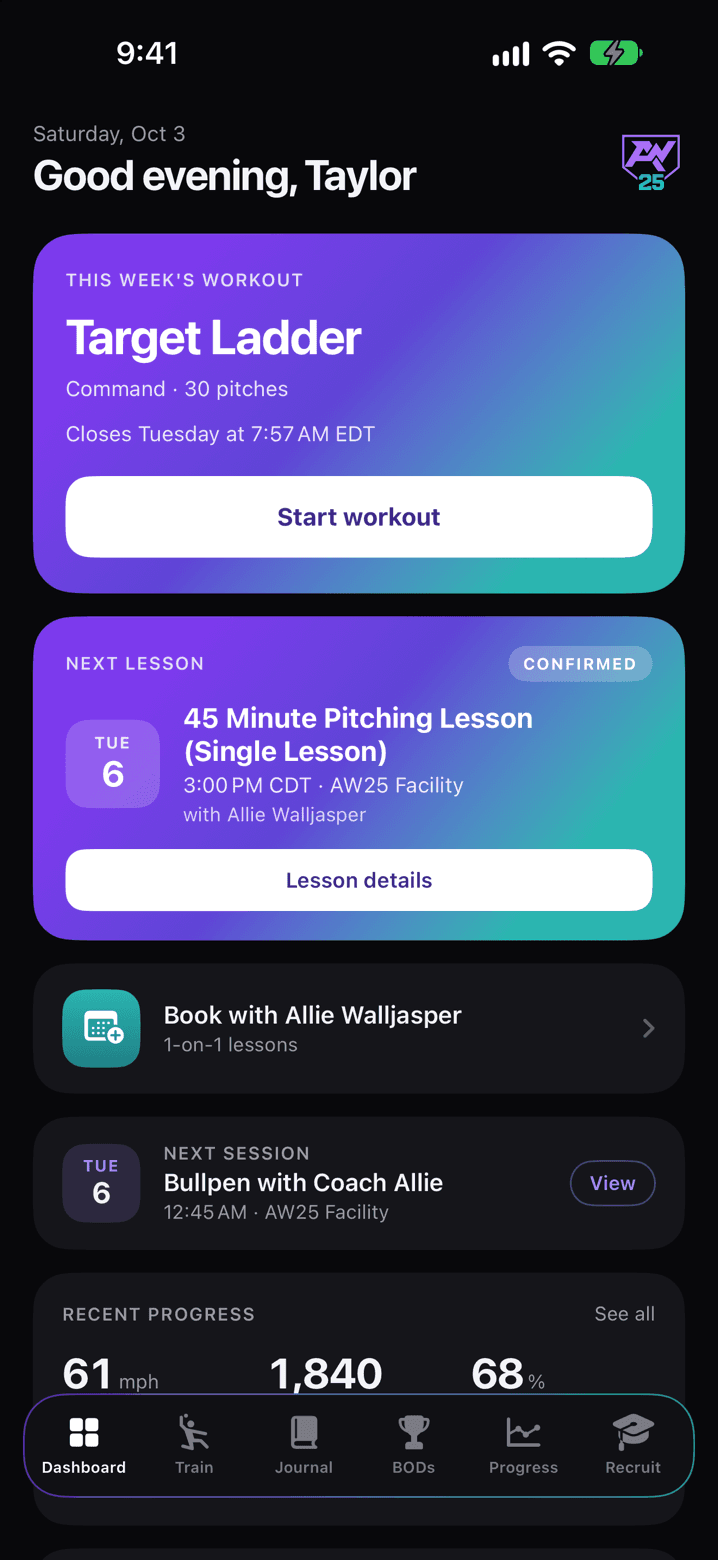 The AW25 dashboard with this week’s workout and next lesson